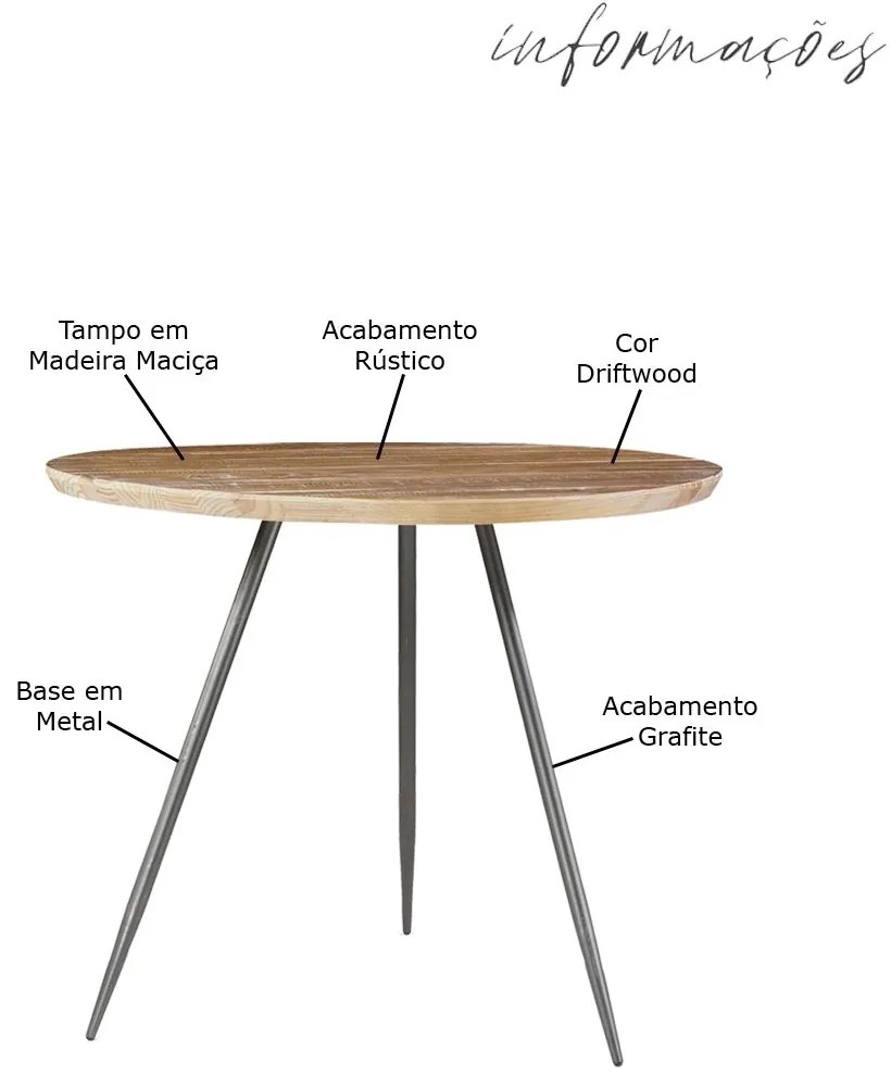 Mesa Sala de Jantar Cozinha Vivassi Redonda 107cm Grafite Madeira Maciça Driftwood G54 - Gran Belo