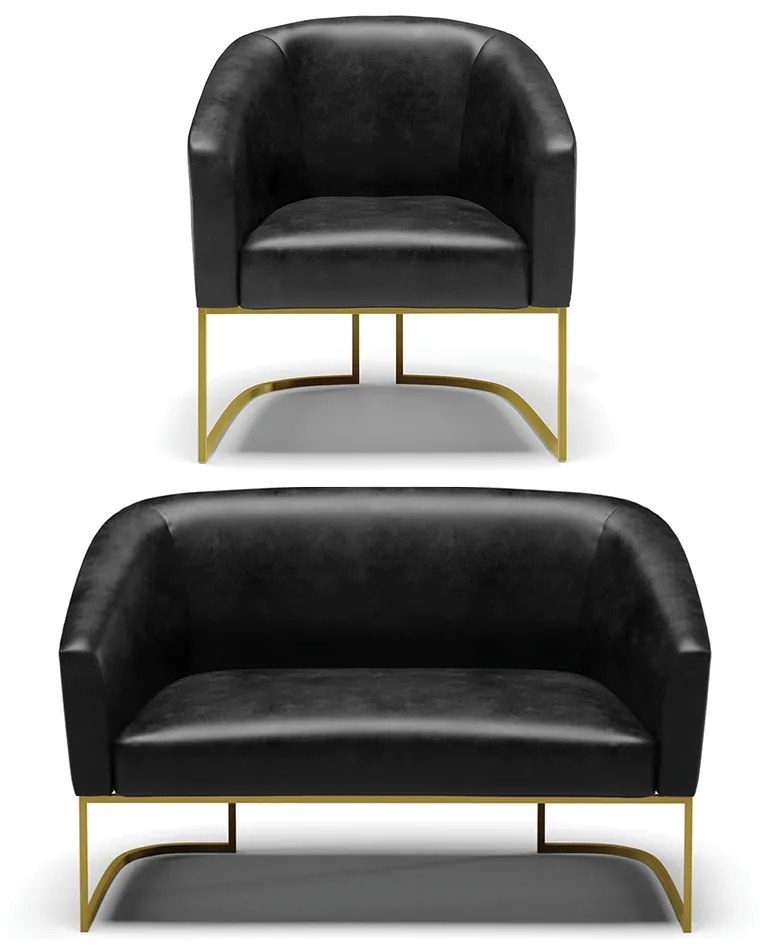 Sofá Namoradeira e Poltrona Base Industrial Dourado Stella Corano D03 - D´Rossi - Preto