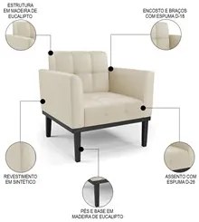 Sofá Namoradeira e 2 Poltronas Base Madeira Preto Ana Sintético Bege -