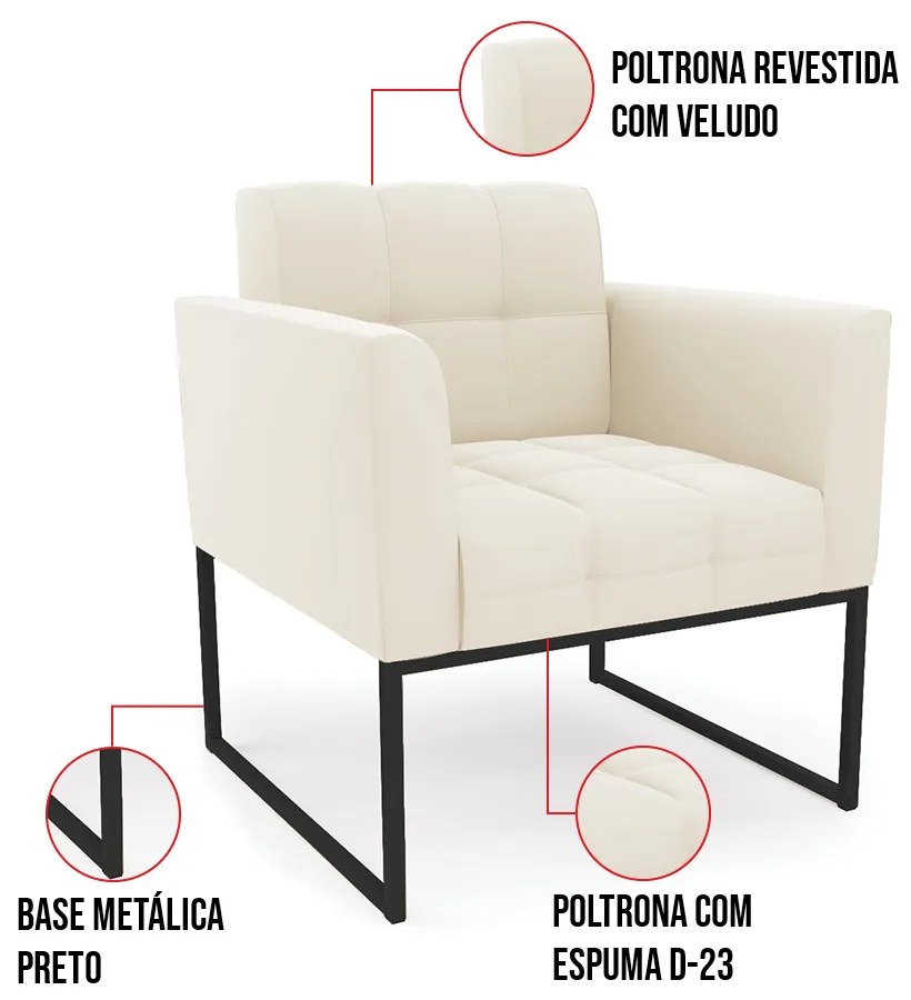 Kit 1 Sofá Namoradeira e 1 Poltrona Elisa Veludo Bege Base Metálica Industrial Preto D03 - D'Rossi