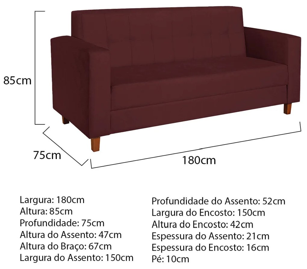 Sofá 2 Lugares Denver Suede Bordô - ADJ Decor