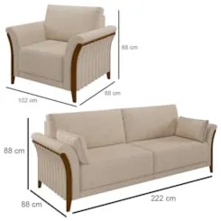Kit Sofá Living 3 Lugares e Poltrona 102cm Pés Madeira Roya Z32 Linho