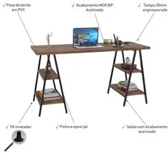 Mesa Escrivaninha Cavalete 150cm Estilo Industrial Prisma C08 Nogal/Pr