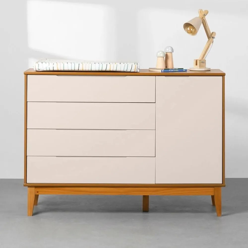 Cômoda Elfe 4 Gavetas e 1 Porta com Pés Square Mel – Areia  e Savana - Cômoda Elfe 4 Gavetas e 1 Porta com Pés Square Mel – Areia Fosco e Savana