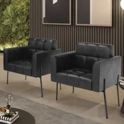 Poltrona Sala Pé Metal Preto Kit 2 Ana Sintético PU Preto - Ibiza