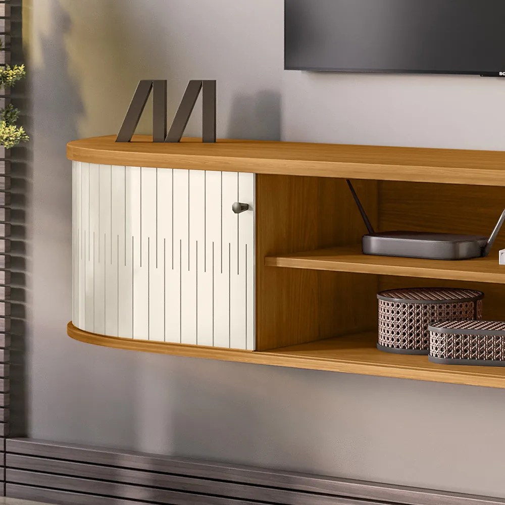 Rack TV 75 Pol 183cm Bancada Suspenso Ripado Aurenzo M20 - D'Rossi - Cinamomo e Off White