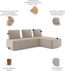 Sofá 3 Lugares Com Chaise 222cm Rovier Veludo Bege Z32      - Mpozenat