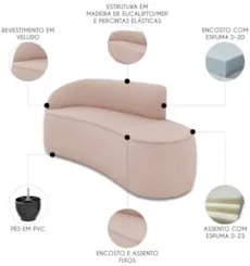 Sofá 3 Lugares Para Sala 180cm Orgânico Wendi Veludo Rose I01 - Mpoze