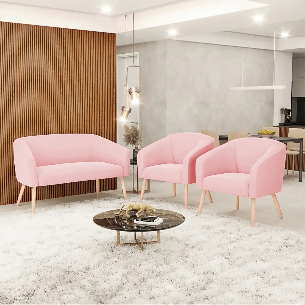 Sofá Namoradeira e Poltrona Pé Palito Natural Stella Suede D03 - D'Rossi - Rosa Bebê