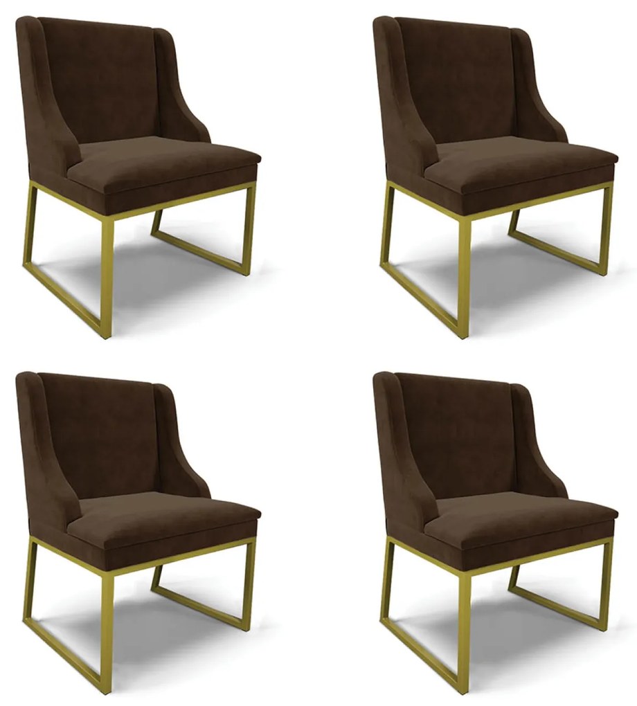 Cadeira Sala de Jantar Industrial Dourado Kit 4 Liz Suede D03 - D'Rossi - Marrom
