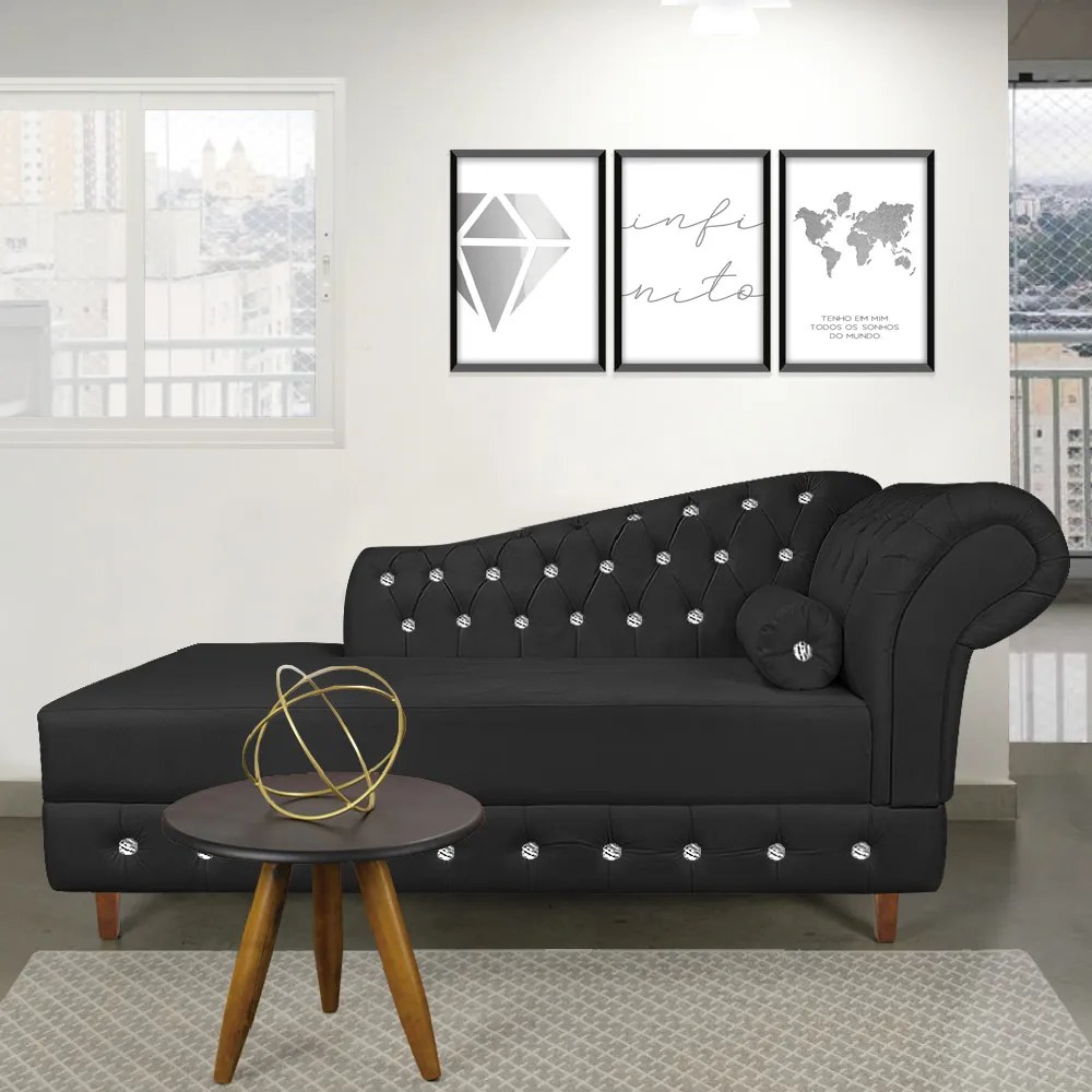 Divã Chesterfield 165 cm Capitonado com Strass Suede D'Rossi - Preto