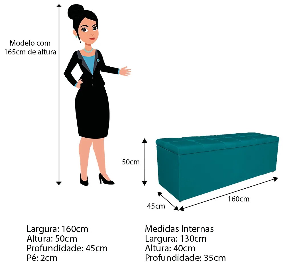 Calçadeira Estofada Manchester 160 cm Queen Size Suede Azul Turquesa - ADJ Decor