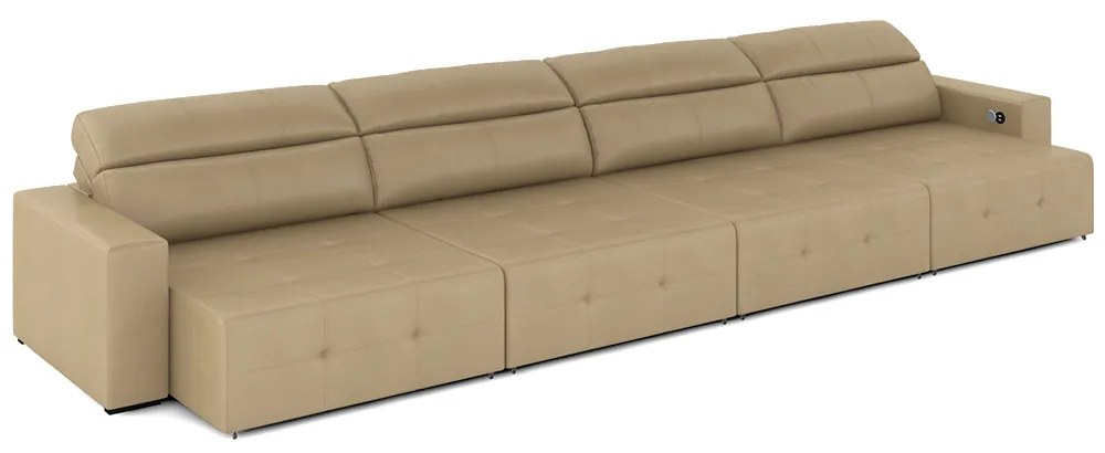 Sofá Retrátil 8 Lugares 484cm 4 Módulos Nero com USB Couro Bege G52 - Gran Belo