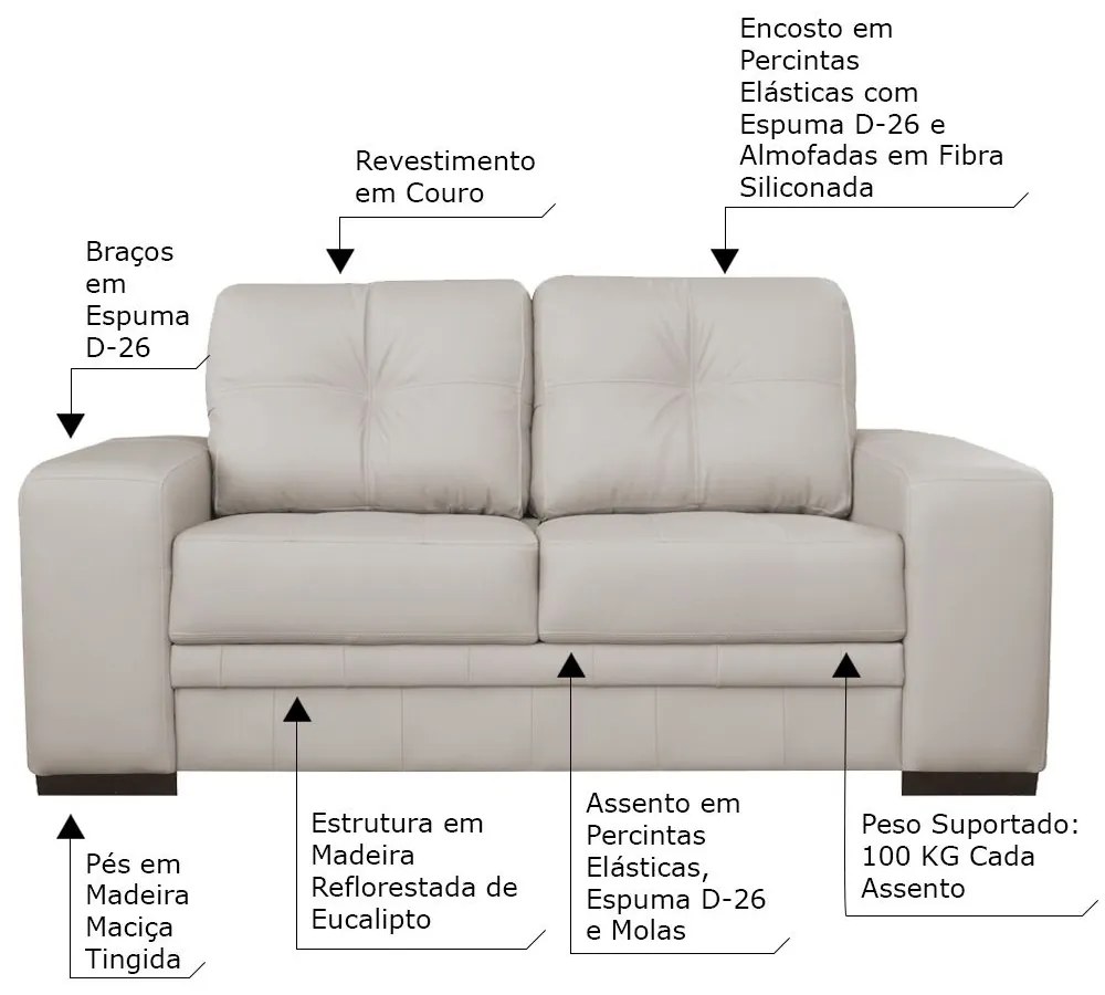 Sofá 2 Lugares Sala de Estar Milano 170cm Couro Off White G58 - Gran Belo