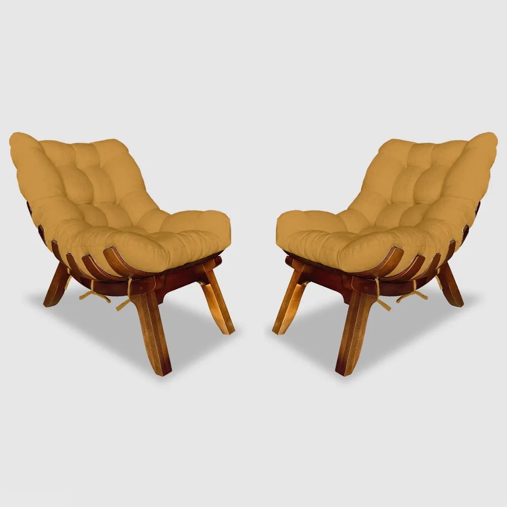 Conjunto 2 Poltrona Decorativa Costela Veludo Mostarda