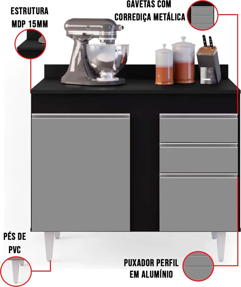 Balcão de Cozinha Lavanderia com Tampo 02 Gavetas Bia 100 cm L06 - D'Rossi - Preto e Cinza