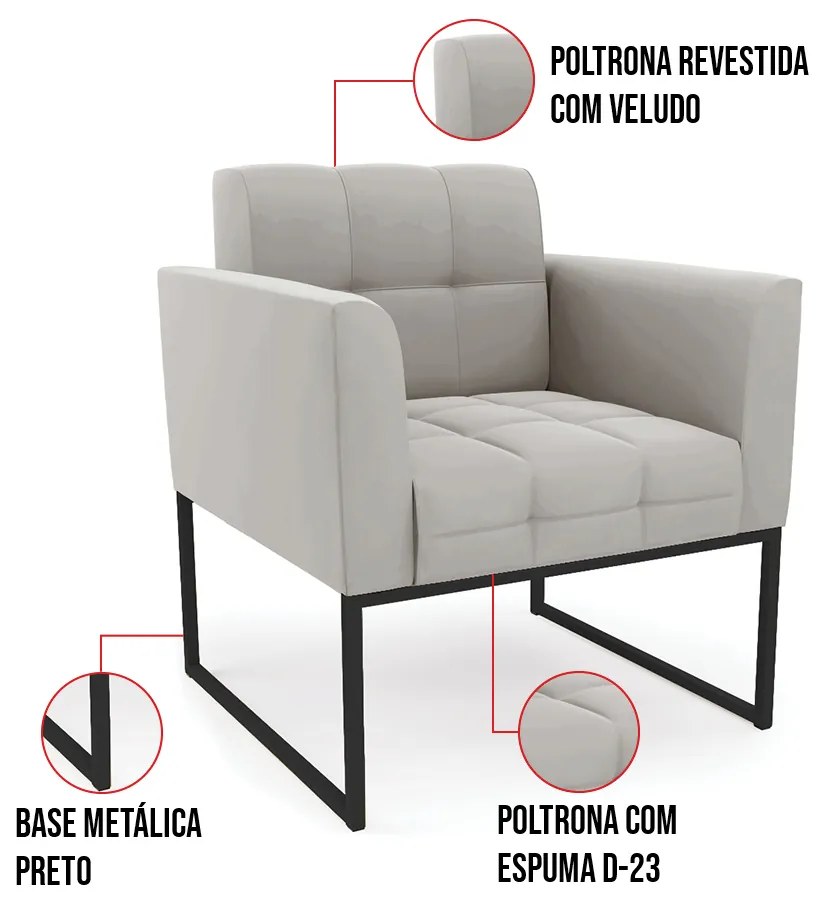Kit 1 Sofá Namoradeira e 1 Poltrona Elisa Veludo Base Metálica Industrial Preto D03 - D'Rossi - Cinza