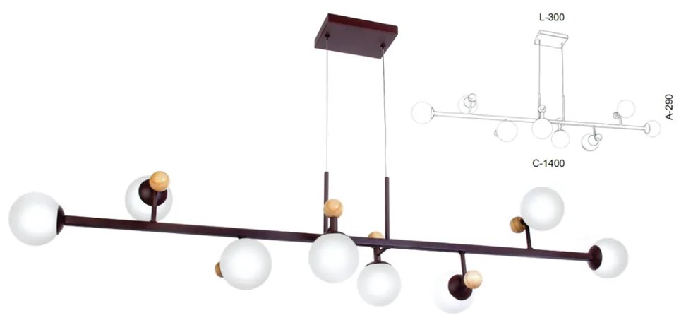 Pendente Retangular Detalhe Madeira 140X30X29Cm Metal E Globo Ø10Cm 08... (GRAFITE / COBRE FOSCO, FOSCO (BRANCO))