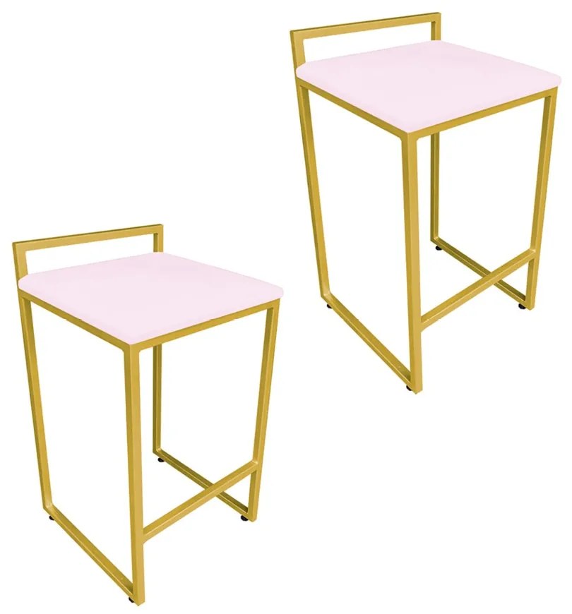 Conjunto 02 Banqueta Alta Industrial Pietra Suede Rosa Bebê Base Dourado D'Rossi