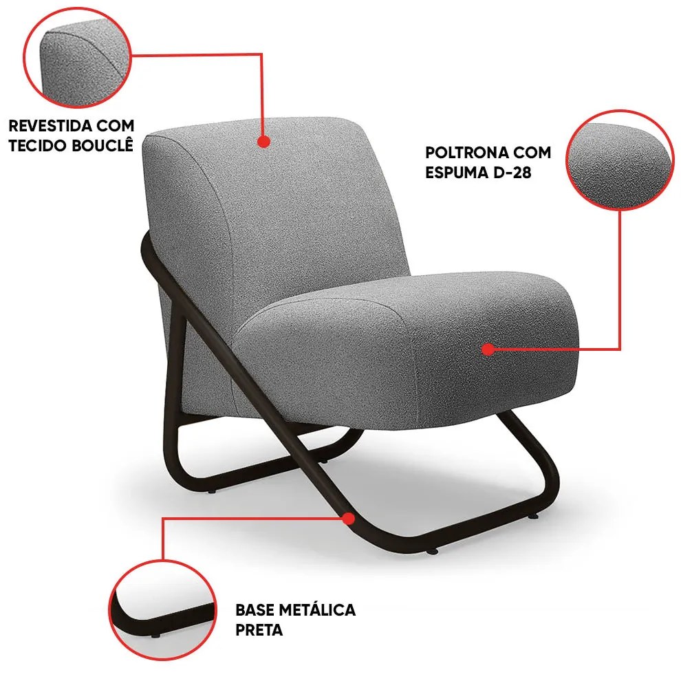Poltrona Sala Decorativa Industrial Preto Martina Bouclê K01 - D'Rossi - Grafite