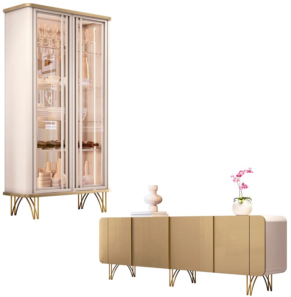 Conjunto Cristaleira Buffet LED Portas de Vidro Évora/Saluti Off White/Champagne G26 - HB Móveis