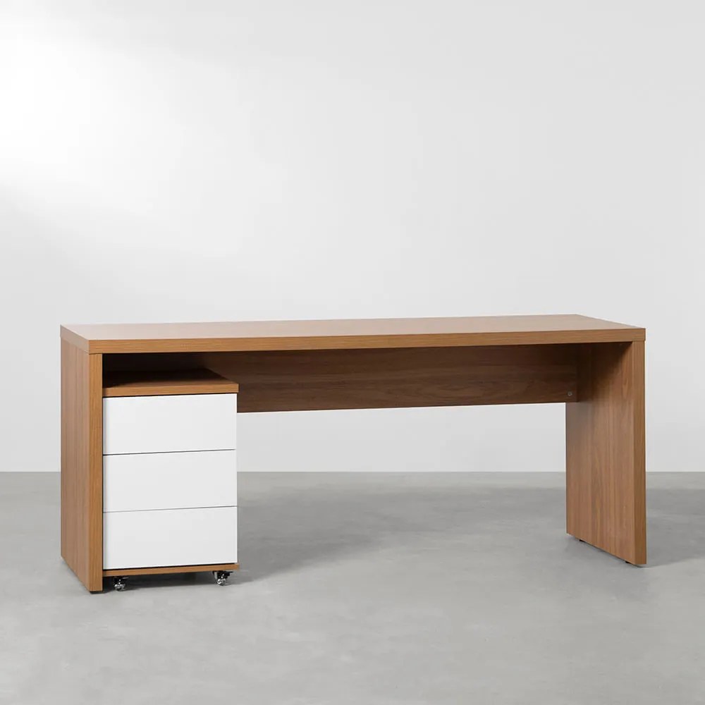 Conjunto Office - Bancada Contemporânea Louro Freijó 1,80m + Gaveteiro Contemporâneo 3 gavetas Louro Freijó e Branco 42,5cm - Conjunto Office - Bancada Contemporânea Louro Freijó 1,80m + Módulo Contemporâneo 3 gavetas Louro Freijó e Branco 42,5cm