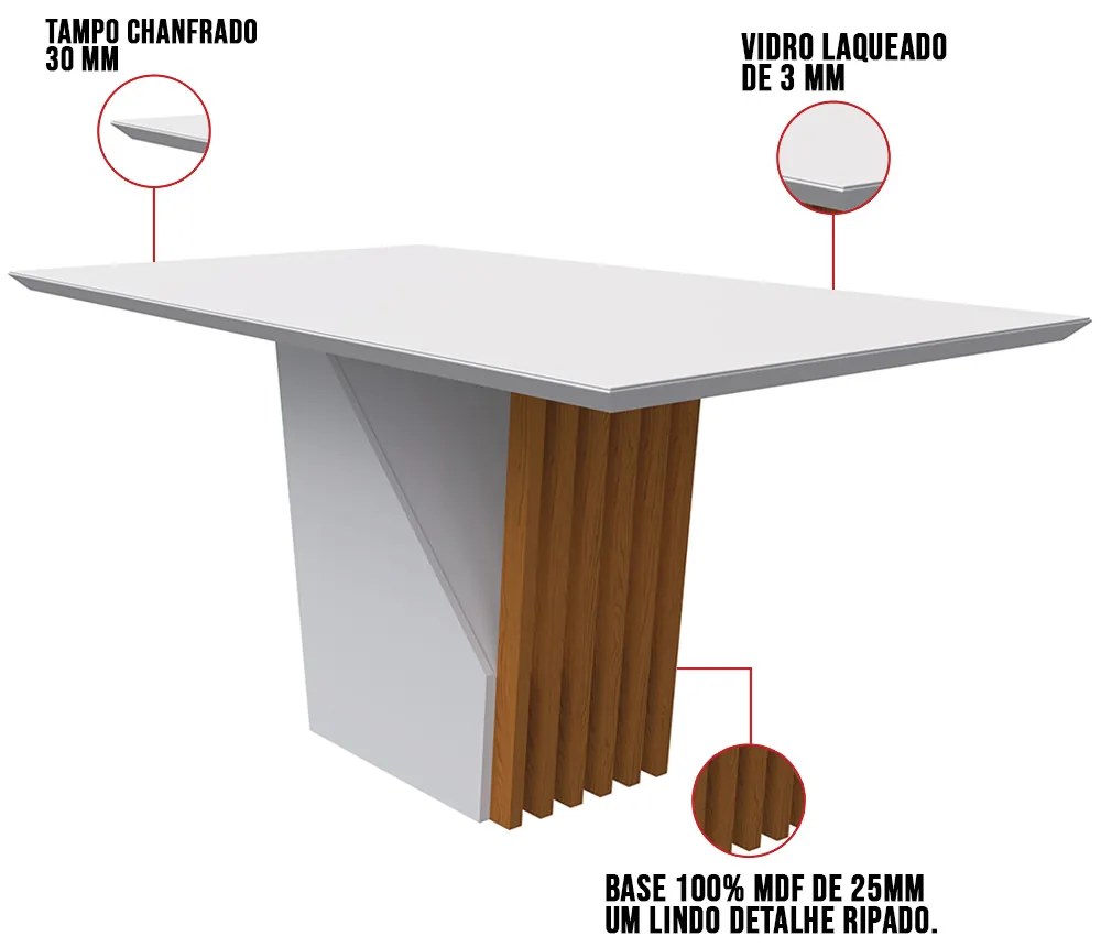 Mesa de Jantar Tampo com Vidro Lita 160 cm Off White Base Ypê - D'Rossi