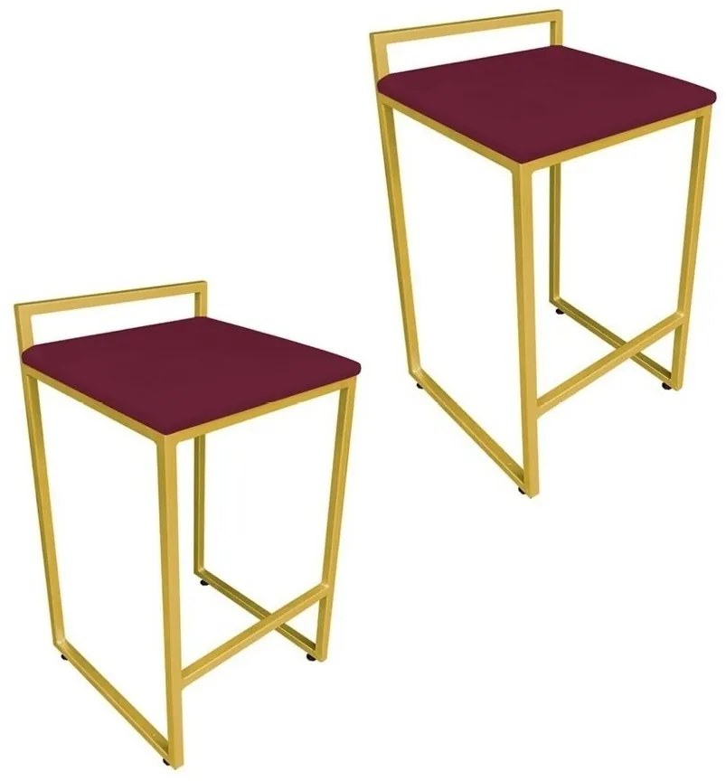 Conjunto 02 Banquetas Pietra Suede Base Dourado D03 - D'Rossi - Vinho