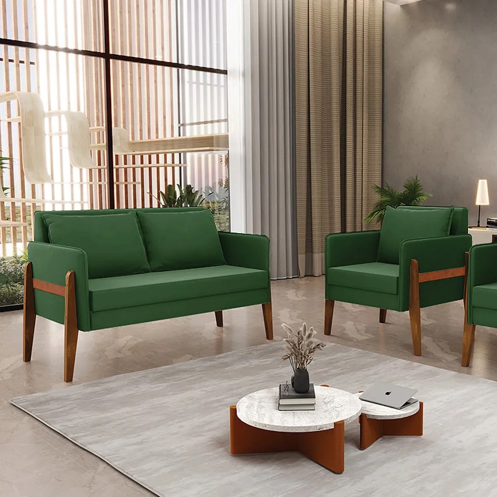 Kit 1 Sofá Namoradeira e 1 Poltrona Lana Suede Verde Base de Madeira - D'Rossi