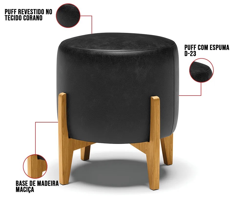 Puff Stella Corano Base Madeira Castanho - D'Rossi - Preto