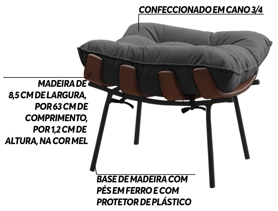 Puff Decorativo Sala de Estar Abel Base de Madeira Preto Suede Cinza G41 - Gran Belo
