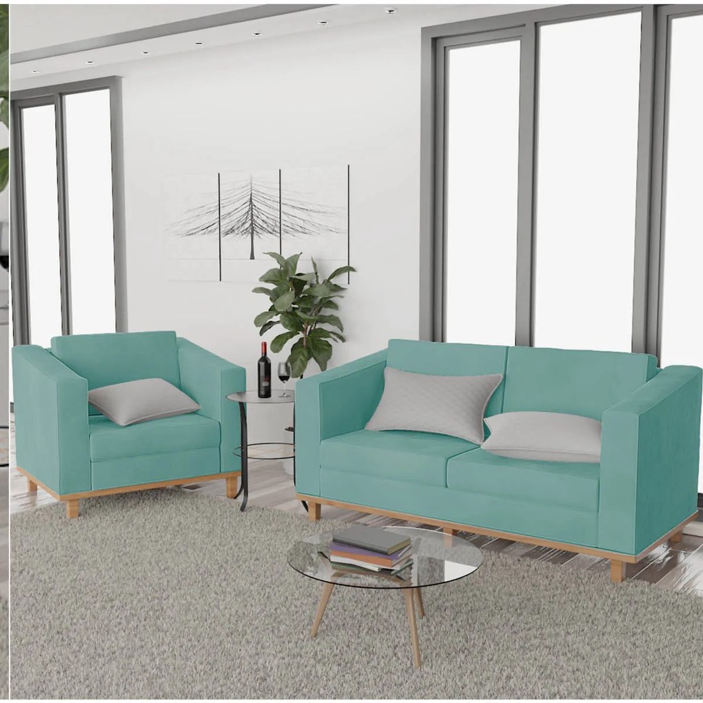 Kit Sofá 2 Lugares e Poltrona Europa Suede Azul Tiffany ADJ Decor