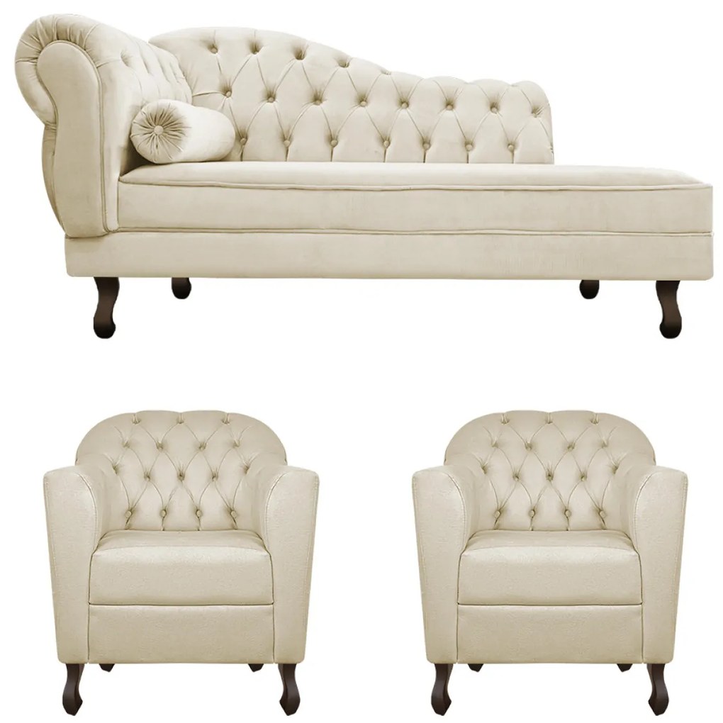 Kit Diva Recamier Diana 160cm Lado Direito e 02 Poltronas Julia Linho - ADJ Decor