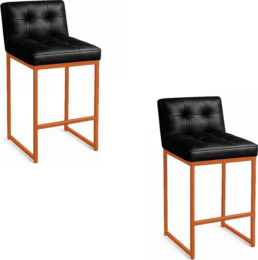 Banqueta Cozinha Alta com Encosto Industrial Kit 2 Bronze Lirina PU Preto C05 - D'Rossi