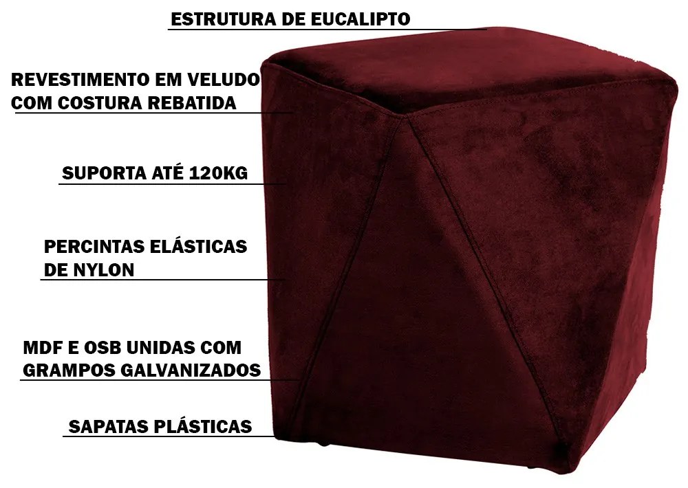 Kit 02 Puffs Decorativo Sala de Estar Blois Veludo Vinho G15 - Gran Belo