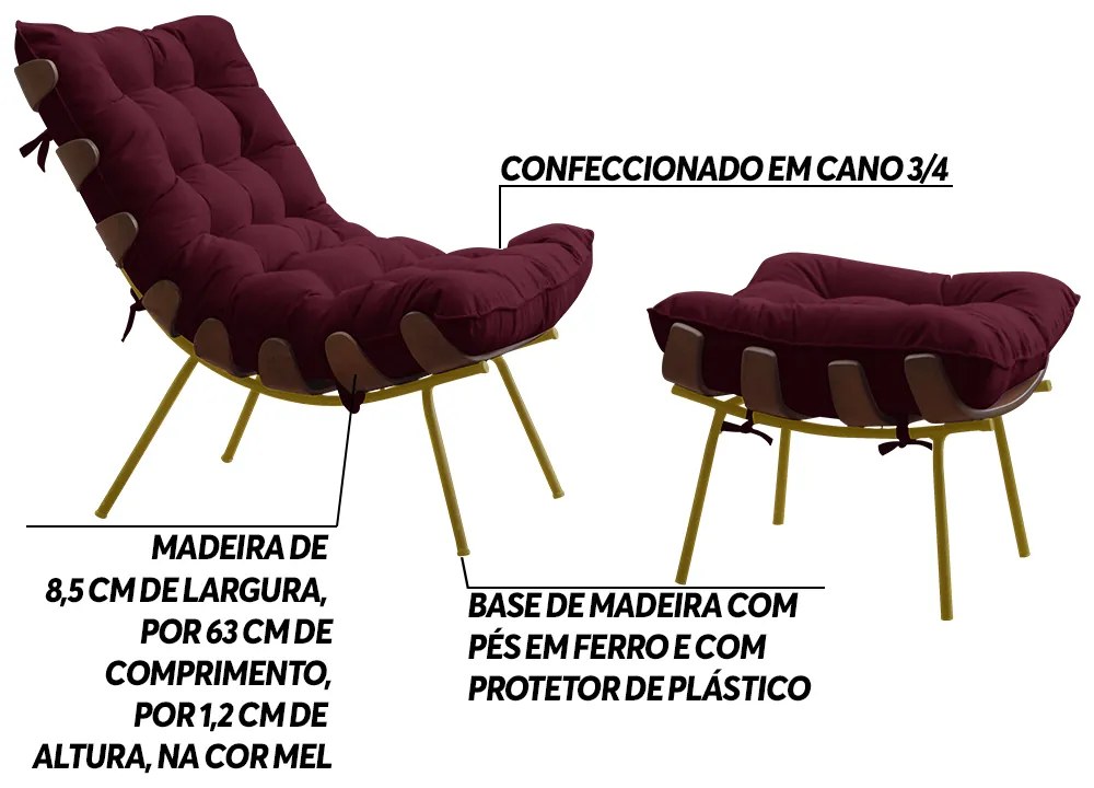 Conjunto Decorativo Poltrona e Puff Abel Base de Madeira Dourada Suede Bordô G41 - Gran Belo