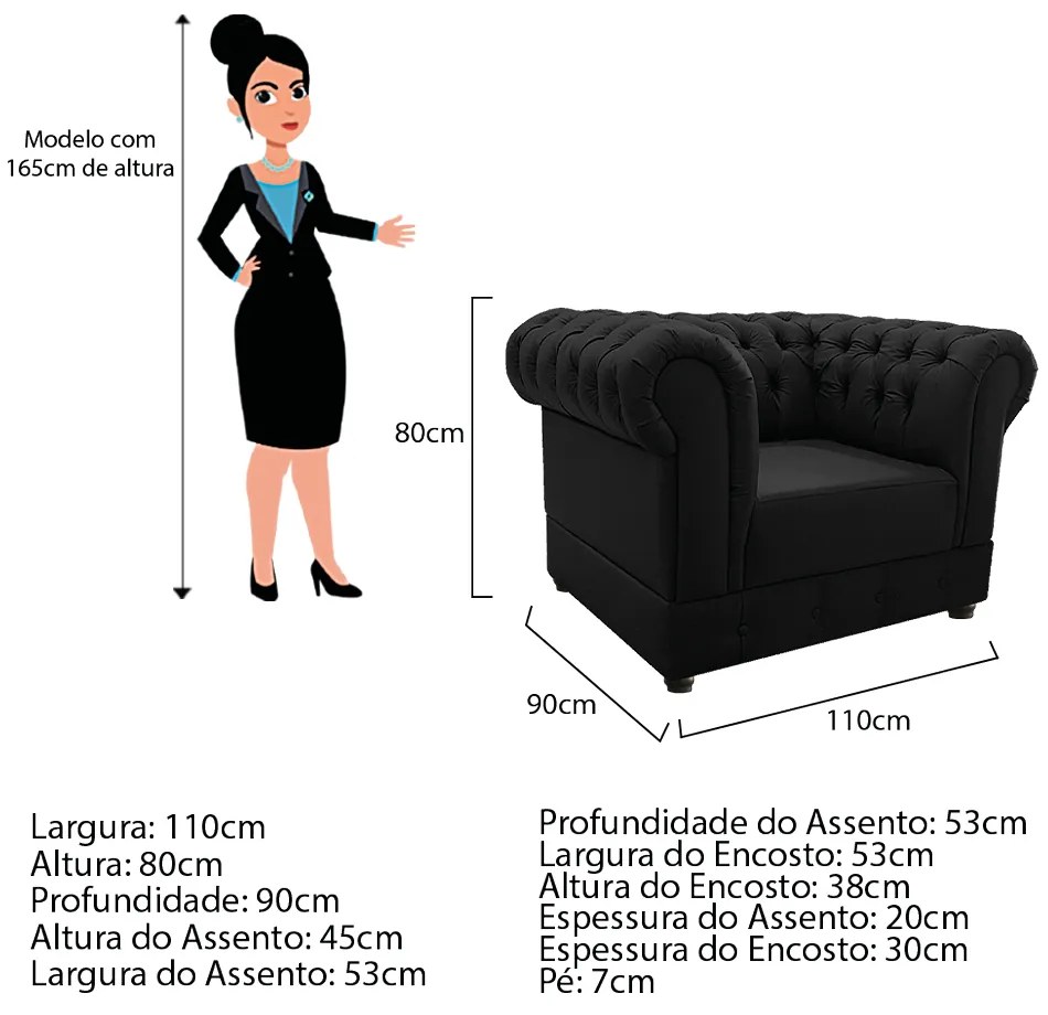 Poltrona Decorativa Chesterfield Ana Corano Preto - ADJ Decor