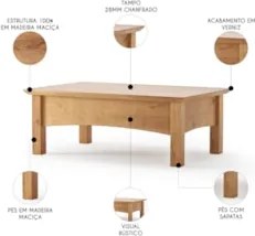 Mesa de Centro Para Sala Madeira Maciça Hazel Carvalho Z25 - Mpozenat