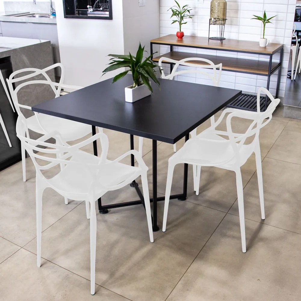 Kit 04 Cadeiras Allegra Branca e 01 Mesa de Jantar 04 Lugares Jade 90 cm Preto Base Metálica Industrial Preto - D'Rossi