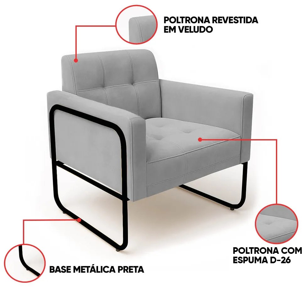 Poltrona Sala Industrial Alta Tubo Preto Elisa Veludo D03 - D'Rossi - Cinza