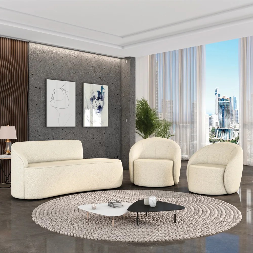 Sofá 2 Lugares Orgânico 140cm Morgan e 2 Poltronas Lua Linho Bege D03 - D'Rossi