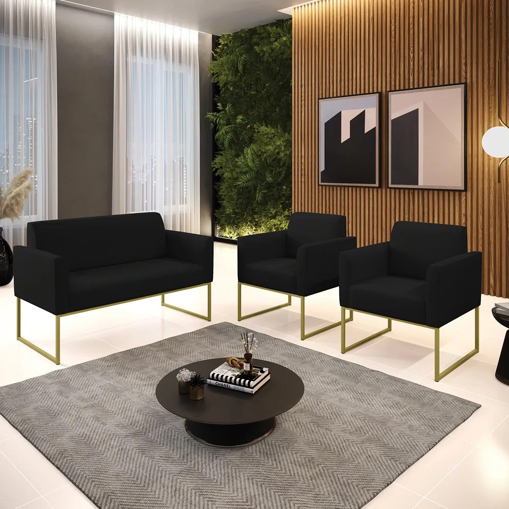 Sofá Namoradeira com 2 Poltronas Base Industrial Dourado Marisa Linho D03 - D'Rossi - A79 Preto