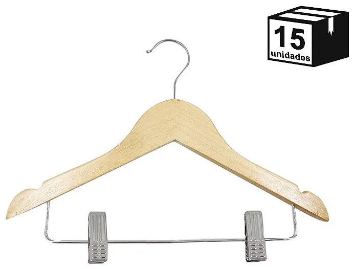 Kit 15 Cabides De Madeira Marfim com presilha infantil