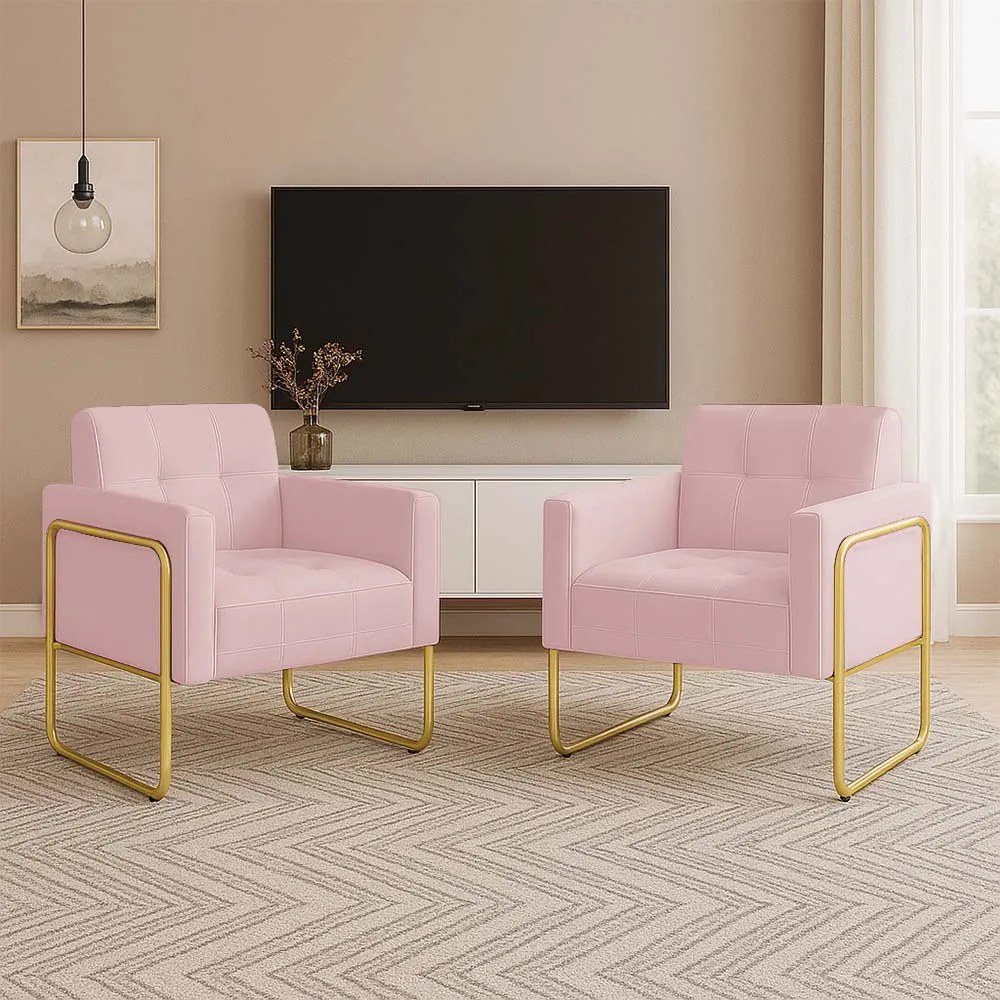 Poltrona Sala Industrial Alta Tubo Dourado Kit 2 Elisa Suede D03 - D'Rossi - Rosa Bebê