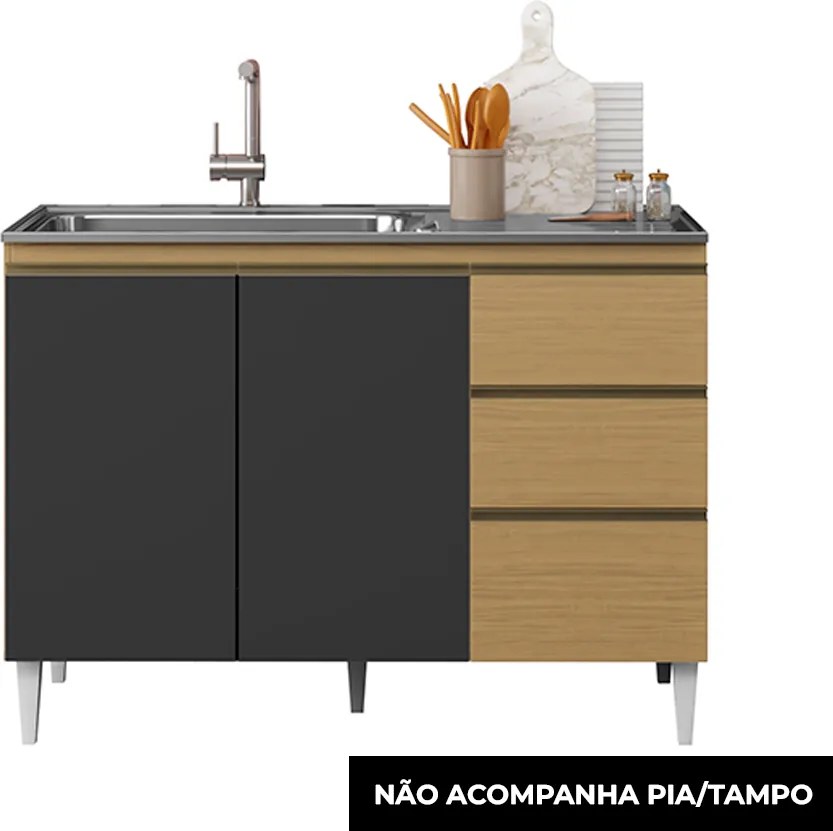 Balcão Cozinha com Tampo 120cm 3 Portas Paolla A09 - D'Rossi - Atacama e Grafite