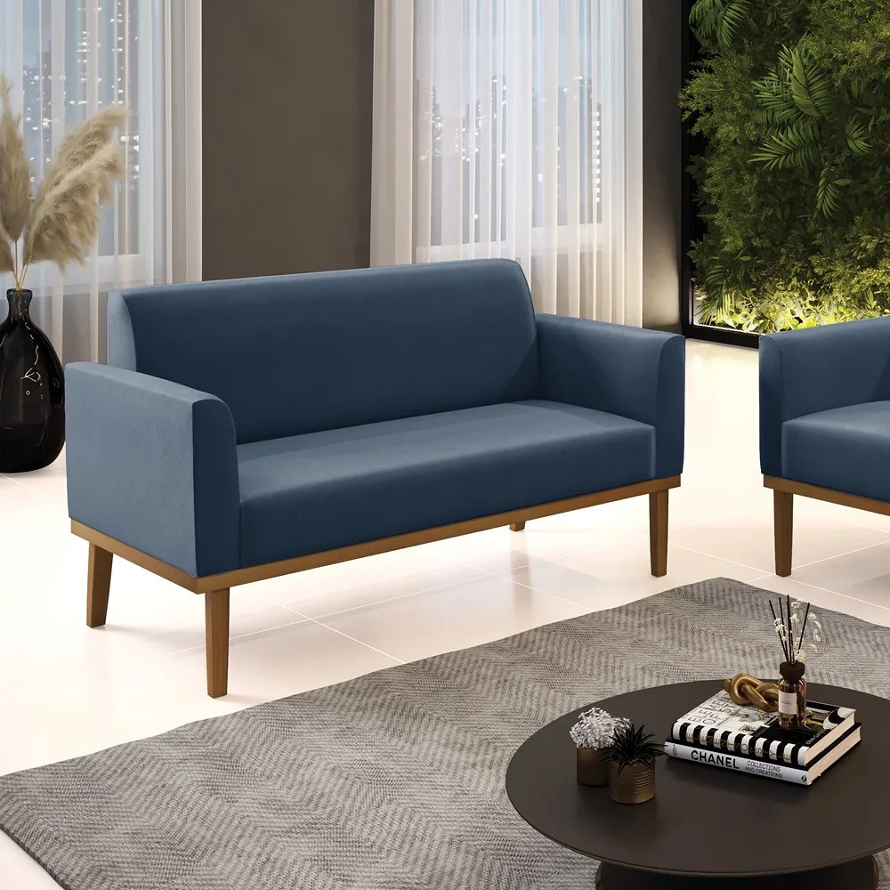 Poltrona Namoradeira Decorativa Isabella Pés Fixo em Madeira Castanho Suede Azul Marinho G19 - Gran Belo