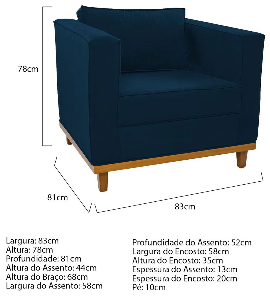 Kit Sofá 2 Lugares e Poltrona Europa Suede Azul Marinho ADJ Decor
