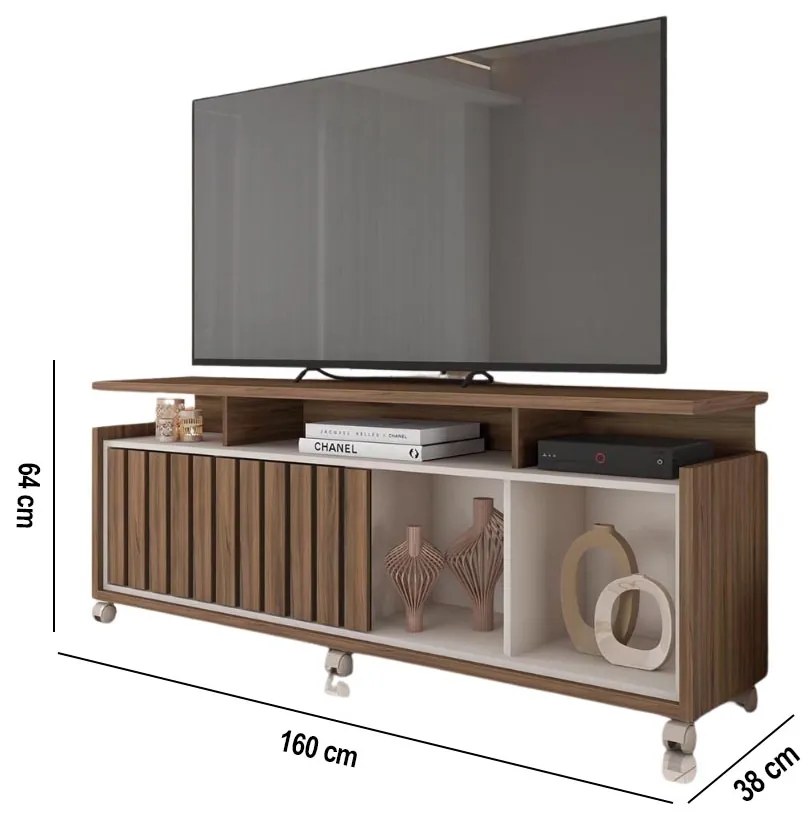 Rack TV 70 Pol 160cm Bancada com Rodízio Sala Thaissa C01 - D'Rossi - Nogueira/Off White