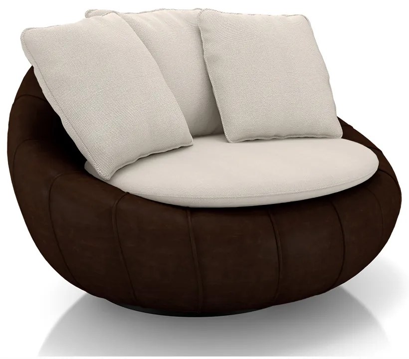 Poltrona Sala de Estar Afrodite com Almofadas Giratória Off White Marrom Manchado Linho/PU G45 - Gran Belo