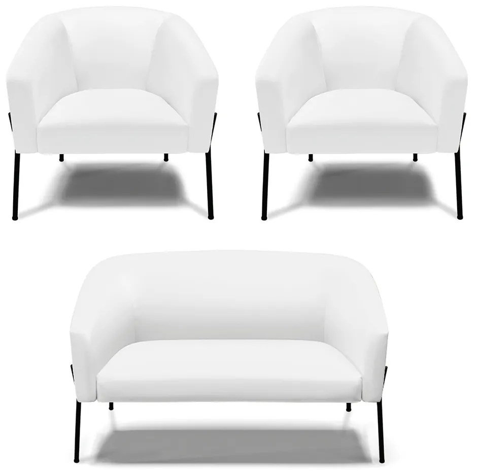 Namoradeira e 2 Poltronas Pé de Ferro Preto Stella Sintético D03 - D'Rossi - Branco